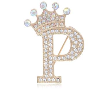 Imagem de Broche de letra inicial com coroa para mulheres, meninas, homens, meninos, broches de nome personalizado, artesanato, broche, colorido, strass, broche, ouro, A-Z, Zircônia cúbica