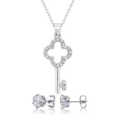 Imagem de Conjunto Colar Trevo Chave Brilhante e Brincos Zircônia Corrente Aço Inox 316L Kit Feminino com Caixa