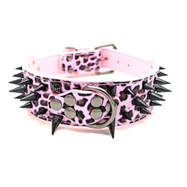 Imagem de haoyueer Coleira cravejada para cães - Coleiras de couro elegantes para cães - 5 cm de largura para cães médios e grandes - Pitbull Mastim Labrador Boxer Rottweiler Pastor Alemão (XG, Leopardo1)