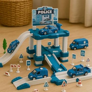 Imagem de Pista Estacionamento de Brinquedo Policial, 40 Peças, 2 Carrinhos e Helicóptero