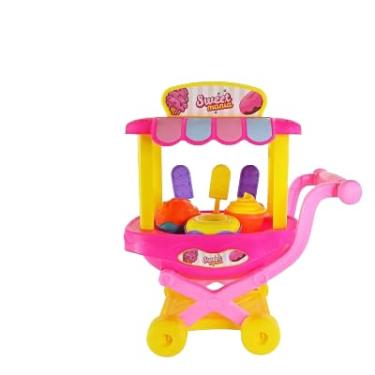 Imagem de Carrinho de Doces e Sorvetes Infantil, Brinquedo Colorido com Rodas, Rosa e Amarelo