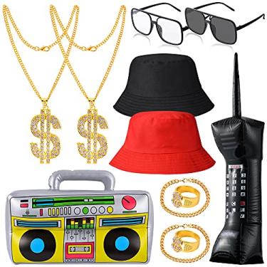 Imagem de YAROMO 12 Pieces 80s/90s Rapper Accessories, Hip Hop Costume Kit Includes Inflatable Mobile Phone Props Boom Box Bucket Hat Sunglasses Gold Chain Ring