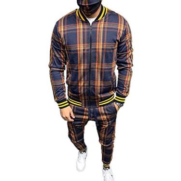 Imagem de Conjunto De Agasalho Masculino Roupas Esportivas De Duas Peças Padrão Xadrez Grande Fatos De Treino Top Bottoms Grande Zíper Punho E Bainha Canelados Corredores De Ginástica