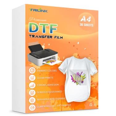 Imagem de TRILINK Papel de transferência DTF A4 (21,5 cm x 28 cm) - 30 folhas, folhas de pré-tratamento transparentes foscas de dupla face premium - papel de transferência de calor PET para impressora de sublimação impressão direta em camisetas têxteis