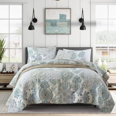 Imagem de Secgo Conjunto de edredom Queen Size 100% algodão, verde, colchas de sálvia (229 x 96 polegadas) com 2 fronhas, roupa de cama leve e reversível de retalhos
