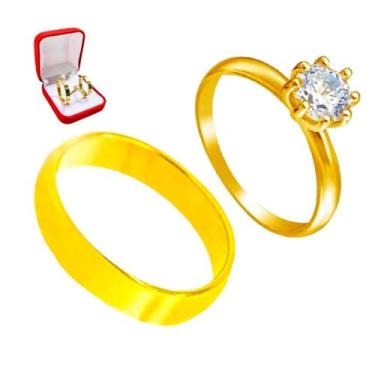 Imagem de Anel Quadrado 4mm Ouro 18k Liso Noivado + Anel Solitario Pedra Branca 