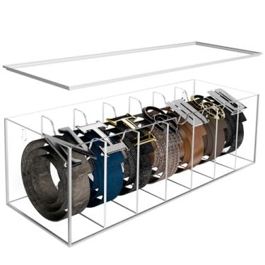 Imagem de Organizador de cinto de acrílico com capa contra poeira – Estojo de armazenamento transparente de 7 compartimentos para cintos, gravatas e gravatas-borboleta | Suporte de exibição de armário e gaveta