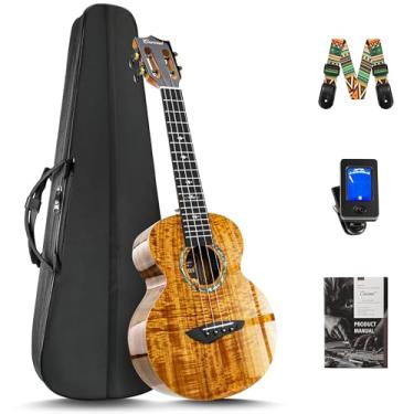 Imagem de Caramel Ukulele de concerto de acácia encaracolado brilhante CAG28 de 58 cm para iniciantes | Kit iniciante Ukelele artesanal