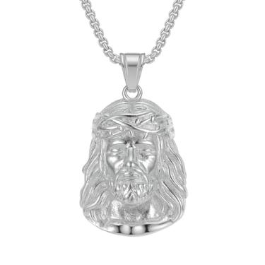 Imagem de Fanshu Pingente de aço inoxidável Jesus pingente dourado rosto humano de Cristo Deus hip hop colar corrente para homens mulheres casal amigos cristãos presente joias modernas, Medium, Aço inoxidável