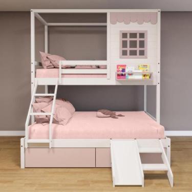 Imagem de Beliche Casinha Reta Casal/ Solteiro 02 Gavetas Rosa Escorregador Made