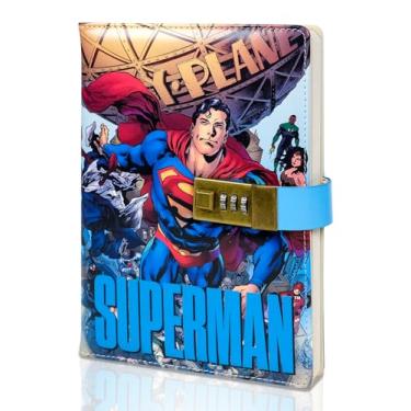 Imagem de Diário de super-herói com cadeado – Caderno de couro sintético inspirado em quadrinhos com cadeado 228 páginas – Organizador de agenda bloqueado para meninos, meninas, adolescentes, fãs, escola ou