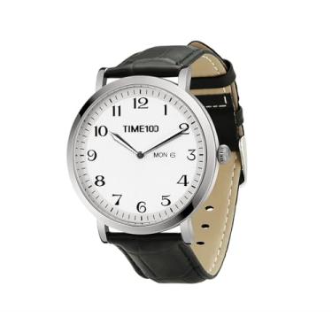 Imagem de TIME100 Relógio Masculino Minimalista, Pulseira de Couro Legítimo, Mostrador com Data e Dia, Quartzo Japonês, À Prova d'Água 30M, Prateado