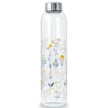 Imagem de WENLIM Garrafa de água transparente de 947 ml, garrafa de vidro livre de BPA para suco com tampa de aço inoxidável e manga de neoprene (946 ml, flores dispersas)