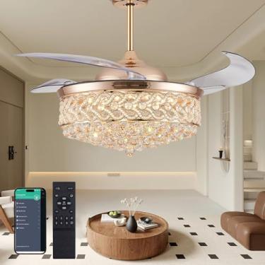 Imagem de PAFRUMGE Lustre dourado moderno de 132 cm, ventilador de teto de cristal regulável com luz e controle remoto, ventiladores de teto de lustre com lâminas retráteis invisíveis para sala de jantar