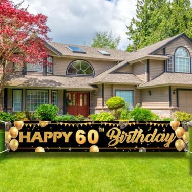 Imagem de Sinal de feliz aniversário de 60 anos - Grande decoração de festa de quintal ao ar livre, 24 x 4 m, faixa de aniversário preta e dourada para homens e mulheres.