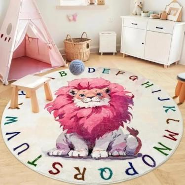 Imagem de Lacomfy Tapete Lion ABC 1,5 m grande círculo infantil rosa redondo alfabeto tapete de brincar para Gilrs quarto sala de aula Safari tapete animal para meninos meninas crianças decoração de berçário,