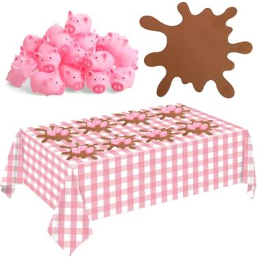 Imagem de FoldTier 33 peças de artigos de festa de aniversário de porco rosa inclui mini jogo americano de plástico descartável de borracha rosa de porco enlameado para decorações de festa temática porquinho