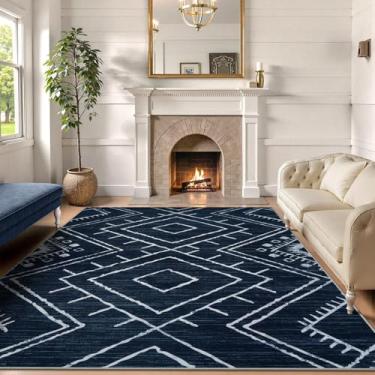 Imagem de LIVEBOX Tapete de área ocidental, 20 x 25 cm, azul-marinho lavável para sala de estar, quarto, tapete tribal marroquino antiderrapante, tapete geométrico, moderno, boêmio, tapete de diamante para sala