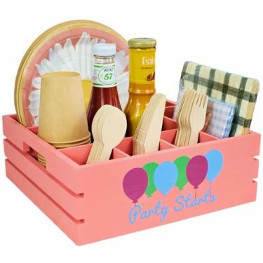 Imagem de Suporte de utensílios para festa de fazenda - dispensador de prato de papel de guardanapo rosa para bancada - Organizador de talheres para prato, copo, garfo, colher - organizador de talheres para