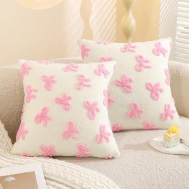 Imagem de YDBDAT Capas de almofada Coquette com laço decoração de quarto rosa bordadas 45,7 x 45,7 cm, conjunto de 2 capas de almofada para decoração de laço, para casa, quarto, sofá, dormitório