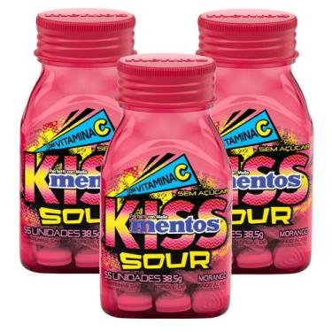 Imagem de 3 Mentos Kiss Sour Sem Açúcar Morango Ácido 55 unidades 38g