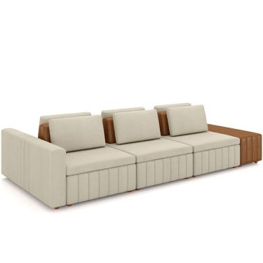 Imagem de Sofá Ilha com Puff para Sala Living 335cm Amber M03 Linho Cru Couríssimo Whisky - Lyam Decor