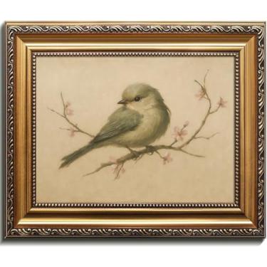 Imagem de Kizbok Arte de parede emoldurada em ouro para decoração de casa, pintura a óleo vintage de pássaros de primavera, decoração de parede de fazenda impressões em tela de flor de cerejeira, decoração de