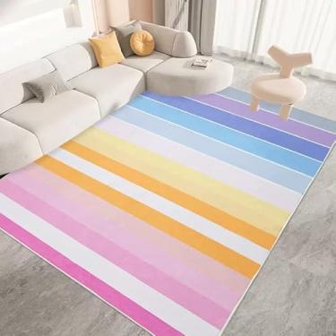 Imagem de USTIDE Tapete listrado colorido de 1,2 x 1,8 m, arco-íris, macio, multicolorido, para quarto, sala de jogos, decoração de casa