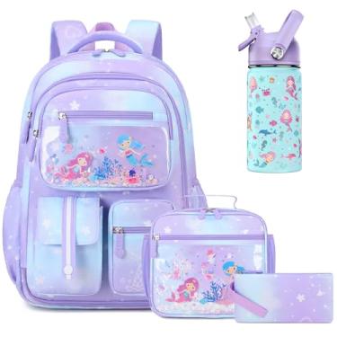 Imagem de ACESAK Mochila escolar infantil para meninas, adolescentes, estudantes do ensino médio, sereia para escola, Conjunto de 4 frascos roxos, Conjunto de jarras de mochila 4cs