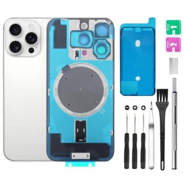 Imagem de Substituição de vidro da tampa traseira traseira para iPhone 16 Pro Max vidro traseiro + lente da câmera + ímã + suporte de peça de ferro com kit de ferramentas de reparo (branco)