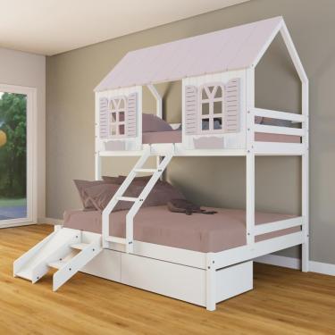 Imagem de Beliche Casal/ Solteiro Casinha Bela 02 Gavetas Kit Escada/escorregador - Madeira Maciça Branco/rosa Housin
