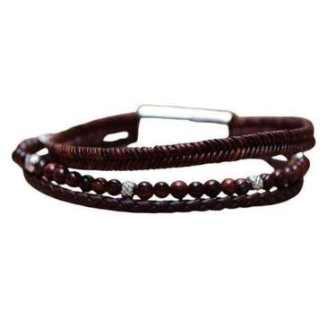 Imagem de Bracelete Aço Couro Marrom Trançado Shamabla Olho De Tigre