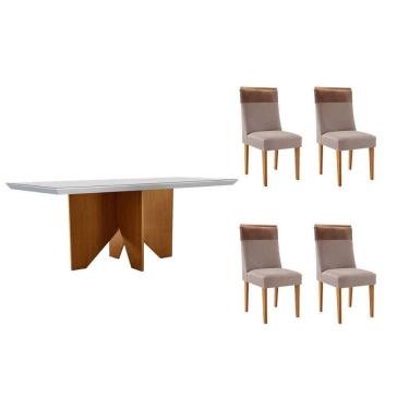 Imagem de Conjunto Sala de Jantar Nevada c/ Tampo Madeirado c/ Vidro Canto Curvo 120x80cm e 4 Cadeiras Jaspe Madeira Maciça Naturale/Off White - Capuccino/Linho