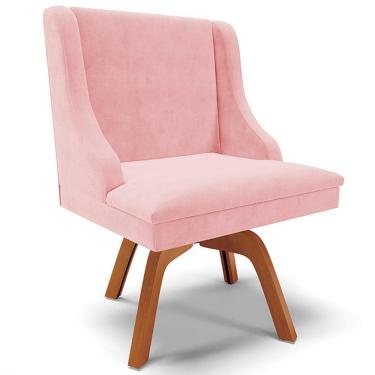 Imagem de Poltrona Decorativa Base Giratória de Madeira Firenze Suede Rosa Bebê/Natural - Gran Belo