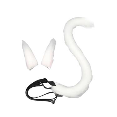Imagem de UGPLM Conjunto de orelhas e cauda de gato para cosplay, mulheres e meninas, rabo longo de gato para fantasia, baile de máscaras, Branco