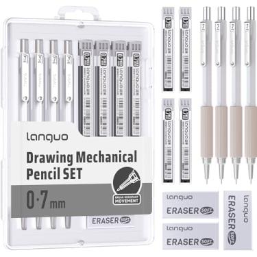 Imagem de Conjunto de lapiseira com estojo, 4 canetas de 0,3/0,5/0,7/0,9 mm + 4 refis de grafite de tubos (0,3/0,5/0,7/0,9 mm) + 3 borrachas + 1 peça, lápis mecânicos de desenho para escrever, esboçar