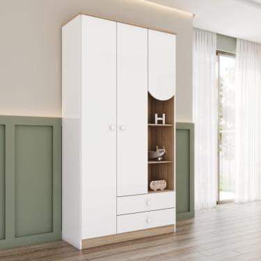 Imagem de Guarda Roupa Infantil 3 Portas 2 Gavetas com Nichos Magia Henn - Branco/Jequitiba HP