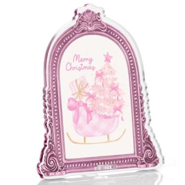 Imagem de Decoração de mesa de Natal rosa para mulheres - placa de centro de mesa rosa Feliz Natal acrílico para mesa prateleira cornija decoração de casa