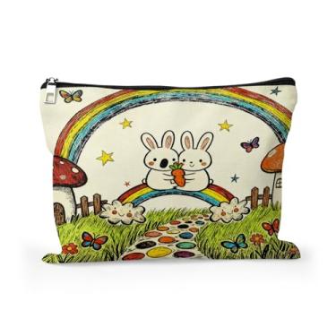 Imagem de Cafl Bolsa de maquiagem para viagem grande bolsa de cosméticos organizadora de artigos de higiene pessoal bolsa com zíper presente para mulheres, Casa de cogumelos Rainbow Bunny