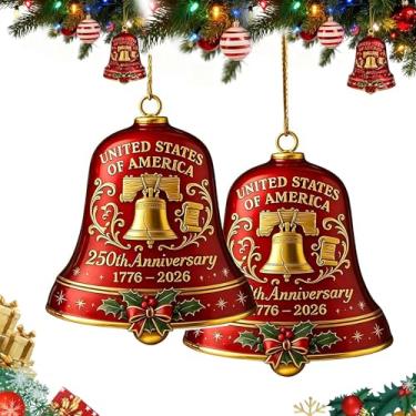 Imagem de Enfeite de sino de 250º aniversário dos Estados Unidos, enfeite de sino de Natal de metal feito à mão dos EUA com data para árvore de Natal ou jardim para colecionadores e patrióticos (Sino de