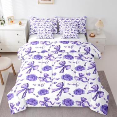 Imagem de Erosebridal Jogo de cama solteiro com laço e laço rosado, 7 peças, para crianças, meninas, meninos, amor, coração, perfume, arco doce, branco, roxo, leve