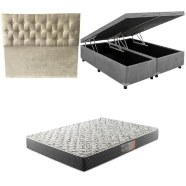 Imagem de Cama Box Baú Bipartida Blindada com Colchão de Espuma D33 20cm + Cabeceira Botonê (SUEDE CINZA, King)