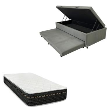 Imagem de Cama Box Baú Solteiro com Auxiliar (Bicama) + Colchão Eagle Molas Bonnel 22cm | Kit Completo com Cabeceira Botonê Opcional | Diversas Cores (2, SUEDE CINZA, SEM CABECEIRA)