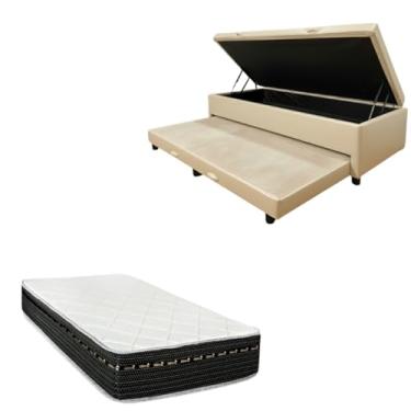 Imagem de Cama Box Baú Solteiro com Auxiliar (Bicama) + Colchão Eagle Molas Bonnel 22cm | Kit Completo com Cabeceira Botonê Opcional | Diversas Cores (2, CORINO BEGE, SEM CABECEIRA)