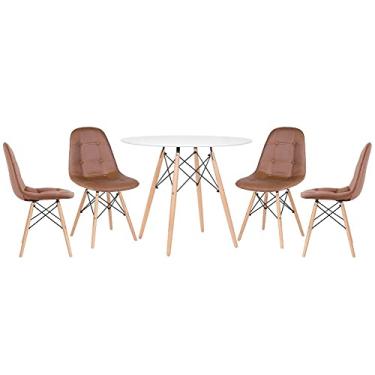 Imagem de Loft7, KIT - Mesa Eames 90 cm branco + 4 cadeiras Botonê marrom