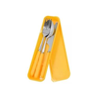 Imagem de Kit Talheres em Inox 3 Peças Garfo Faca Colher Com Estojo Portatil Reutilivazel - Para Marmita, Lanche, Escolar, Viagem e Camping Premium MZZC (Amarelo)