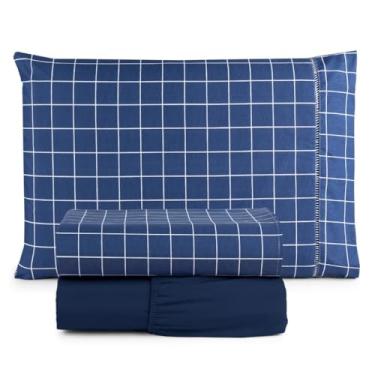 Imagem de Conjunto de lençóis algodão impresso casal rainha 4 peças(GRID AZUL MARINHO)