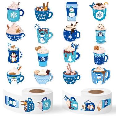 Imagem de Haooryx Rolos de adesivos de latte de inverno - 1000 peças de canecas de cor azul adesivos latte em 16 padrões diferentes, decalques de etiqueta de vinil autoadesivos para adolescentes adultos