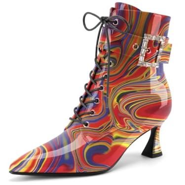 Imagem de Perisis Botas femininas de salto gatinho, bico fino, moderno, couro envernizado, strass, cadarço, botas curtas elegantes de fantasia de bruxa com zíper, Lava vermelha, 40