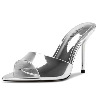 Imagem de TNYNFBEB Sandália feminina stiletto de salto alto bico fino aberto sapatos mules slip p-on slingback vestido de festa de formatura bonito verão 3,9 polegadas salto, Prata, 42
